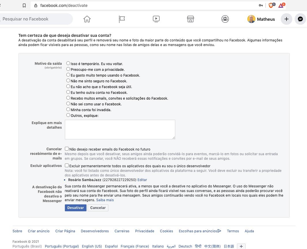 Página de Pesquisa sobre abandono do Facebook